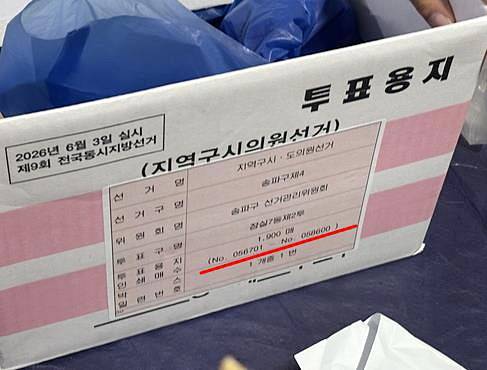 5일 투표함이 이송된 서울 송파구 잠실7동 제2투표소 내부에서 발견된 구 선거관리위원회가 이 투표소로 보낸 것으로 추정되는 투표용지 박스. 이 박스 겉면에 적힌 '투표용지 인쇄 매수'는 총 1900매였다. '박스 1개 중 1번'이라고 적혀서 다른 투표용지 박스는 없는 것으로 보인다. 연합뉴스