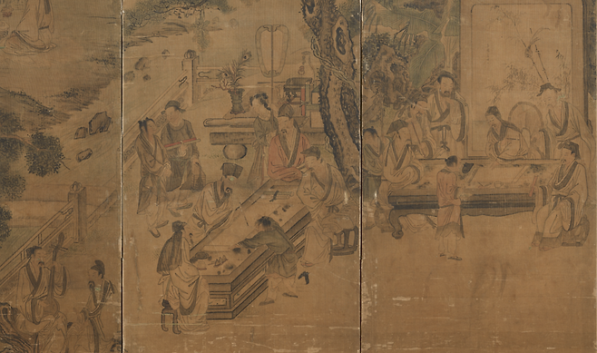 '서원아집도'(1778) 확대. 중국 송나라 문인들의 모임을 위에서 비스듬히 내려다본 까다로운 구도로 그렸다. 그런데도 인물 하나하나가 살아 움직이듯 생생하다. 병풍에 그린 이 작품은 보물로 지정돼 있다. /국립중앙박물관