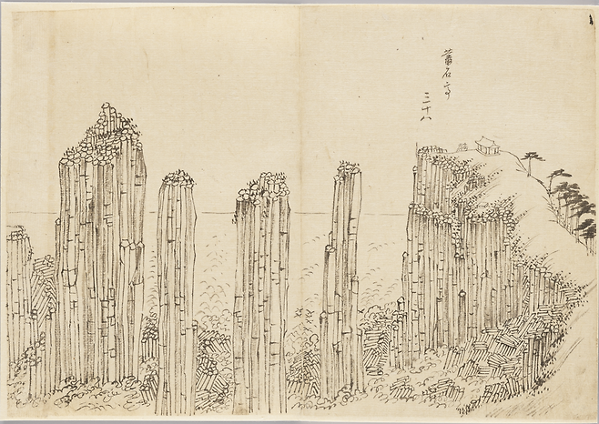 '총석정'(1788). 정조의 명으로 금강산·관동을 답사하며 그린 '해동명산도첩'의 밑그림이다. 바다에서 솟은 육각 돌기둥의 결과 기세를 빽빽한 수직선으로 표현했다. /국립중앙박물관
