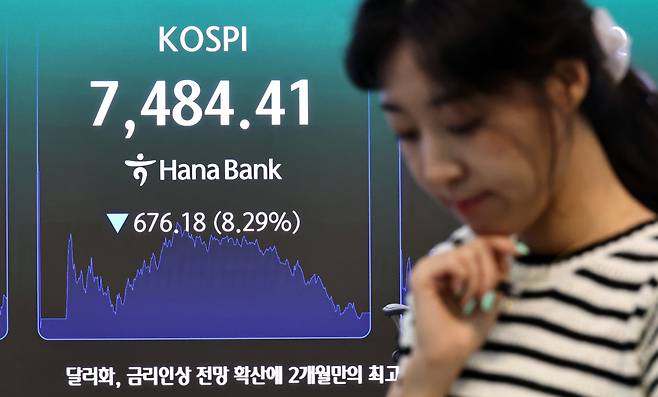 8일 서울 중구 하나은행 딜링룸 현황판에 코스피 등이 표시되고 있다. 이날 코스피는 676.18포인트(8.29%) 내린 7,484.41에, 코스닥은 91.05포인트(9.08%) 내린 911.39에 장을 마감했다.(사진제공= 연합뉴스)