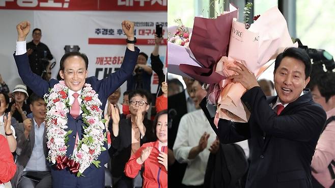 국민의힘 추경호 대구시장 후보가 당선이 유력시되면서 지난 4일 오전 대구 범어네거리 선거사무소에서 축하 꽃다발을 목에 걸고 있다. (왼쪽) 오세훈 서울시장이 같은날 서울시청으로 들어서며 직원들에게서 받은 꽃다발을 들고 있다. (오른쪽) 연합뉴스