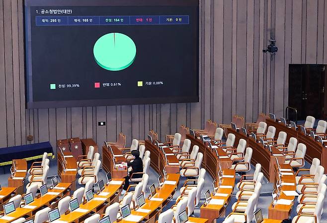 지난 3월 20일 국회 본회의에서 공소청법안이 가결되고 있다. 임현동 기자.