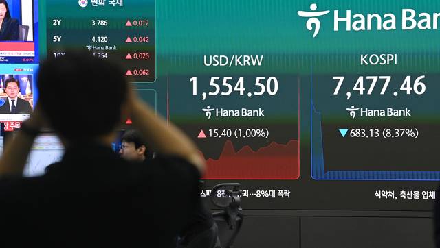 코스피가 8% 이상 급락하면서 7500선 아래로 내려간 8일 오전 서울 중구 하나은행 딜링룸에서 딜러들이 업무를 보고 있다. 김동훈기자