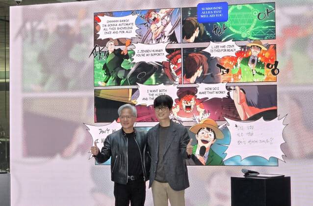 8일 경기 성남시 분당구 네이버1784에서 이해진 네이버(오른쪽) 의장과 젠슨 황 엔비디아 CEO가 함께 어깨동무를 하고 있다. (사진=지디넷코리아)