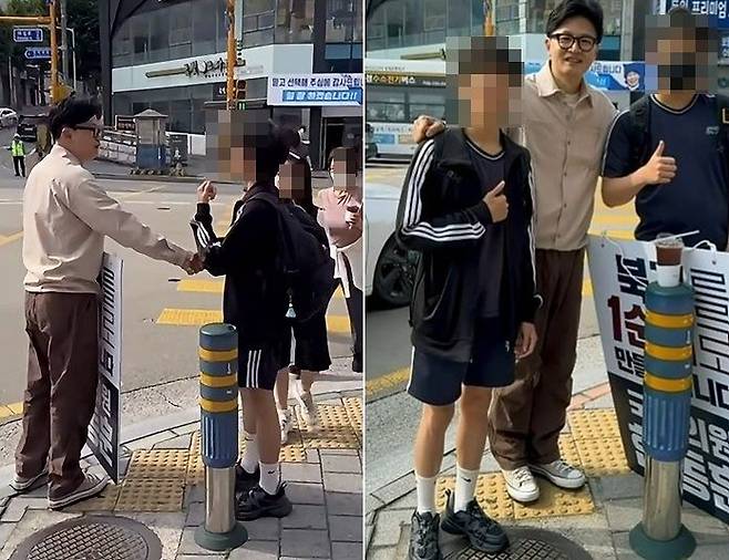 한동훈 무소속 의원이 자신의 지역구 부산 북구에서 학생들에게 당선 인사를 하는 모습. 사진 한동훈 의원 인스타그램 캡처