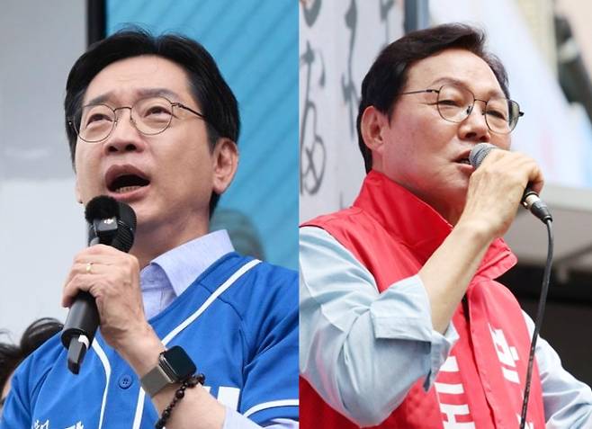 김경수 전 경남지사 후보와 박완수 현 경남지사. 김경수·박완수 캠프 제공