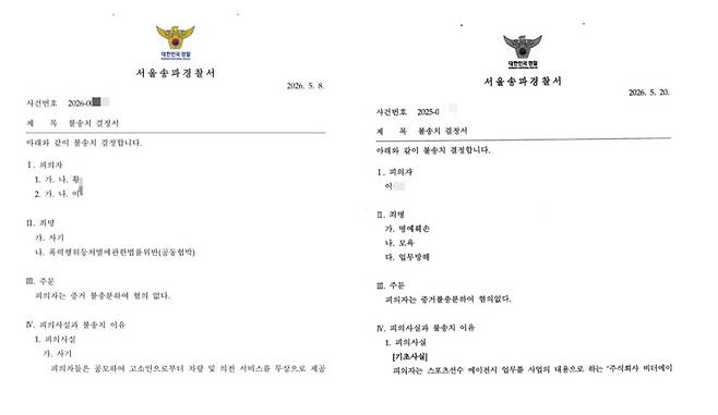 황희찬 측이 서울송파경찰서로부터 받은 불송치 결정서. /사진=황희찬 소속사 제공