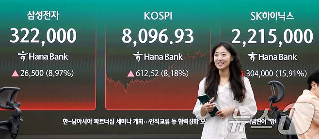 9일 서울 중구 하나은행 본점 딜링룸 전광판에 삼성전자와 SK하이닉스 종가가 나오고 있다. 2026.6.9 ⓒ 뉴스1 이호윤 기자