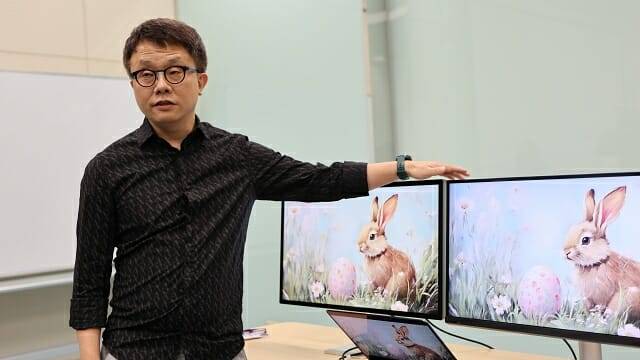 각국 기자단 앞에서 애플 맥 특화 MA 시리즈 모니터를 설명하는 톰 예 PM. (사진=공동취재단)