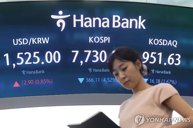 코스피 하락 마감 (서울=연합뉴스) 박동주 기자 = 코스피가 하락 마감한 10일 서울 중구 하나은행 딜링룸 현황판에 코스피 등이 표시되고 있다. 2026.6.10 pdj6635@yna.co.kr