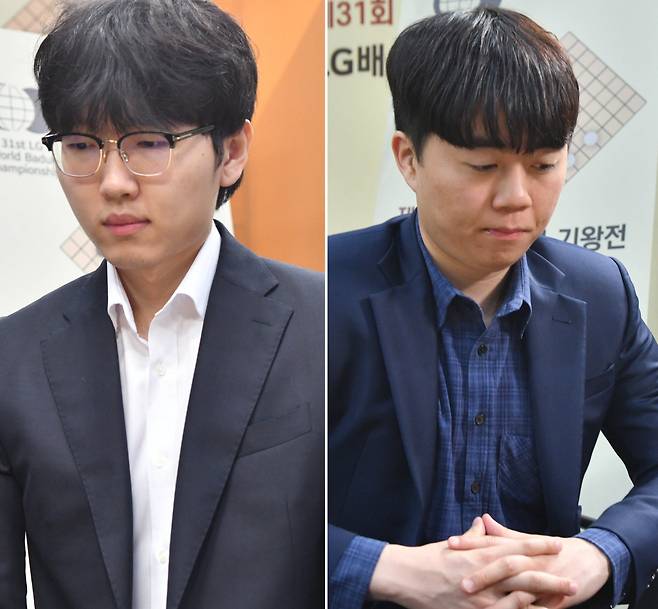 신진서 9단(왼쪽)과 신민준 9단이 LG배 8강전에서 각각 중국의 딩하오 9단과 구쯔하오 9단을 꺾고 4강에 올랐다. 한국기원 제공