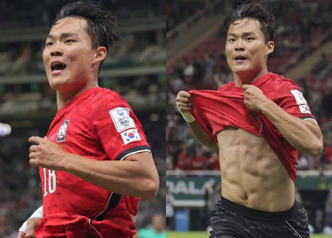 한국 축구대표팀 오현규가 역전골을 넣은 뒤 코너로 내달리며 기뻐하고 있다.(사진=연합뉴스)