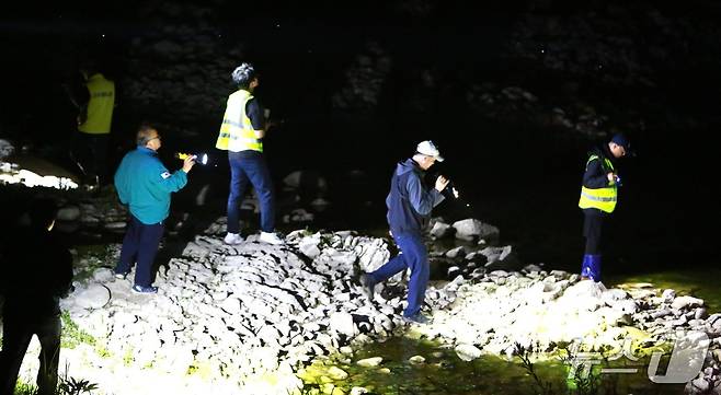 단양군 쏘가리 불법 어업 행위 합동 단속반이 지난 10일 오후 10시쯤 단양군 하덕천 일대에서 불법 쏘가리 어업 행위를 단속하고 있다. 2026.6.12/뉴스1