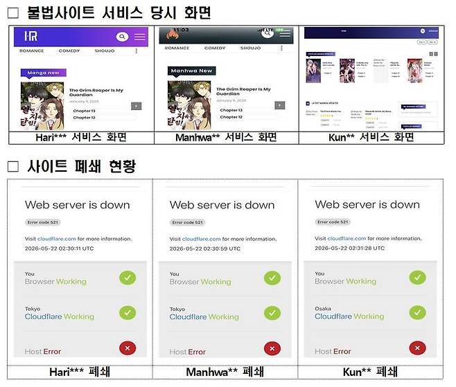 불법사이트 서비스 화면 및 사이트 폐쇄 현황. (문화체육관광부 제공) *재판매 및 DB 금지