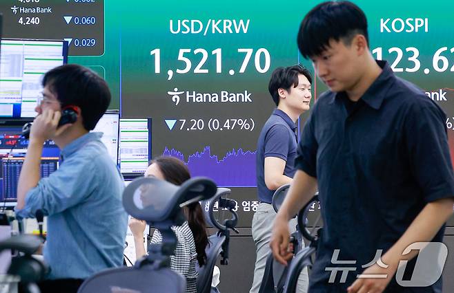 12일 오후 서울 중구 하나은행 본점 딜링룸에 종가가 나오고 있다.. 2026.6.12 ⓒ 뉴스1 안은나 기자