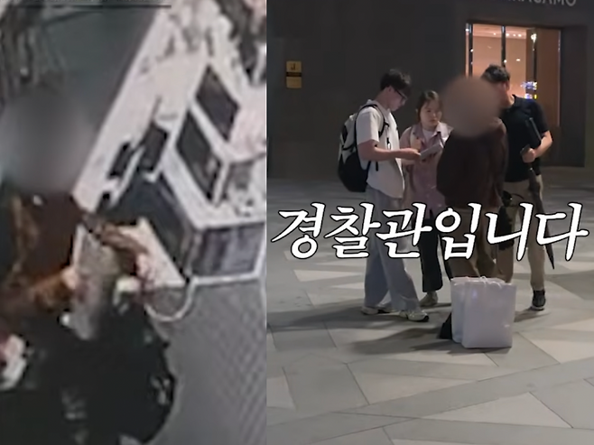 30대 여성 A씨가 대전의 한 전자제품 판매점에서 노트북을 가방에 넣어 훔치는 모습(왼쪽)과 구매자로 위장한 경찰이 직거래 현장에서 A씨로부터 노트북을 건네받은 뒤 검거하는 모습 /사진=대전경찰청 유튜브