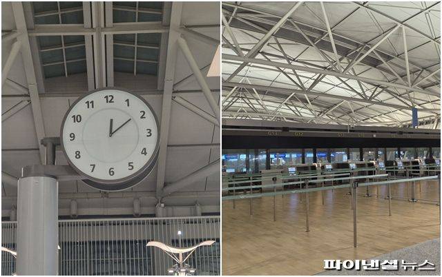 지난 7일 새벽 인천국제공항 출국장. 시계가 자정 시간대를 가리키는 가운데, 일부 체크인 카운터 주변은 한산한 모습이다. 사진=한승곤 기자
