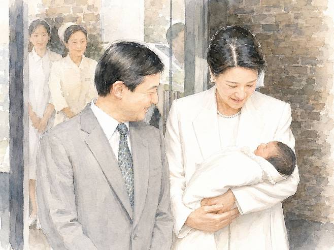 나루히토 천황 부부가 2001년 12월 8일 갓 태어난 딸 아이코 공주와 함께 궁내청 병원에서 퇴원하는 모습. 실제 장면을 참고해 생성형 인공지능(AI)으로 제작한 일러스트.