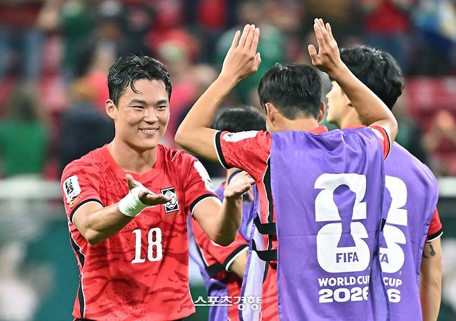 대한민국 축구국가대표팀의 오현규(왼쪽)가 12일(한국시간) 멕시코 과달라하라 인근 사포판의 아크론 경기장에서 열린 2026 북중미 월드컵 체코와의 경기에서 결승골을 넣고 승리를 이끈 뒤 손흥민과 하이파이브를 나누고 있다. 2026.06.12 사포판(멕시코)=사진공동취재단