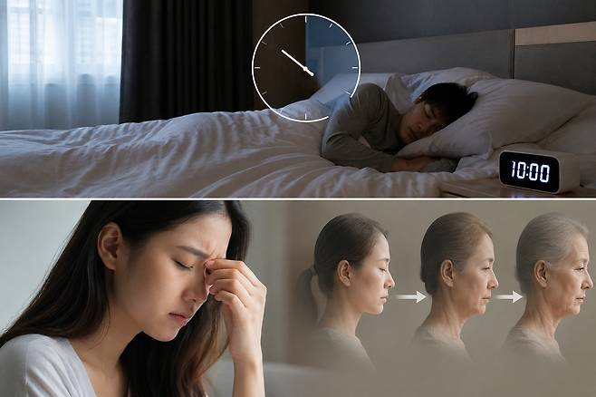 주말 늦잠을 잔 뒤에도 피로감을 느끼는 모습. 최근 연구에서는 하루 6.4~7.8시간 수면을 취한 집단에서 생물학적 노화 지표가 가장 낮게 나타났다. AI 생성 이미지