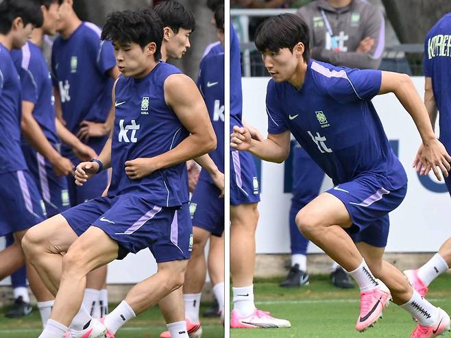 15일 멕시코 할리스코주 과달라하라 인근 사포판에 위치한 베이스캠프 훈련장 치바스 바예 베르데에서 팀에 복귀한 김태현(왼쪽 사진), 배준호가 훈련에 임하고 있다. 사포판=최주연 기자