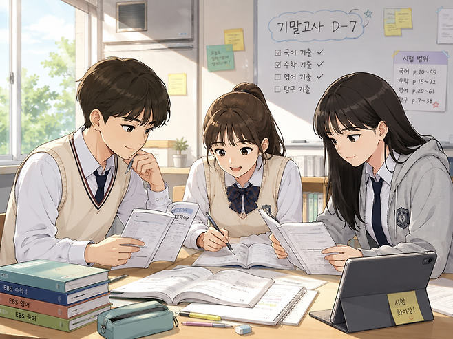기출문제 위주로 기말고사를 준비하는 고등학생들의 모습. 챗GPT 생성 이미지