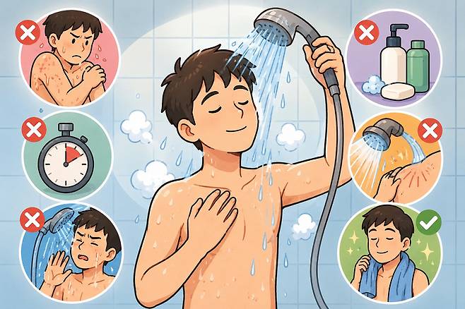 샤워를 잘못된 방법으로 하면 피부가 건조해지고 가려움증이 생기는 등 오히려 우리 몸에 독이 되는 경우가 있어 주의해야 한다. 생성형 AI로 만든 이미지