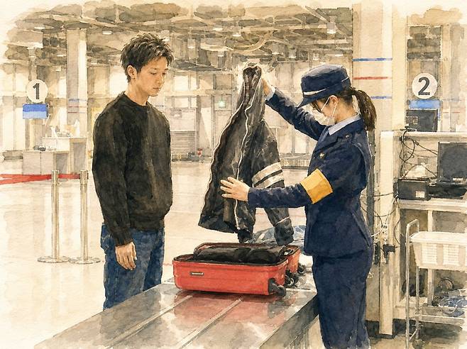 일본 세관 직원이 금 밀수를 적발하기 위해 소지품을 검사하는 모습. 관세 당국이 2024년 12월 3일 나고야 소재 주부국제공항 입국장에서 일본 언론에 공개한 시연 장면을 참고해 생성형 인공지능(AI)로 제작한 일러스트