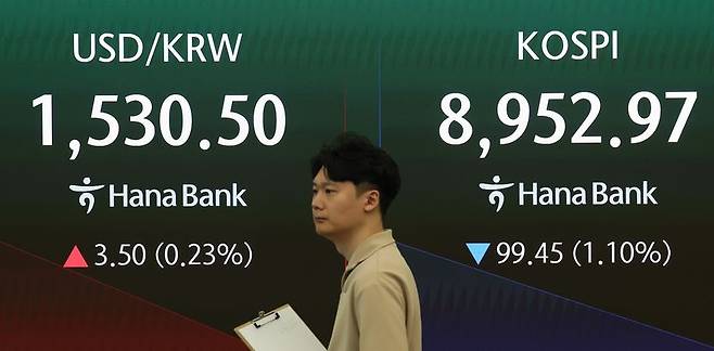 22일 서울 중구 하나은행 본점 딜링룸 전광판에서 시황이 표시되고 있다. 뉴시스