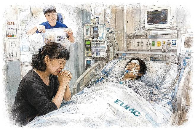 2025년 11월 13일 서울 강서구 이대서울병원에서 문영인씨가 신경외과 중환자실 병상에 누워 있다. 일러스트=송정근 기자