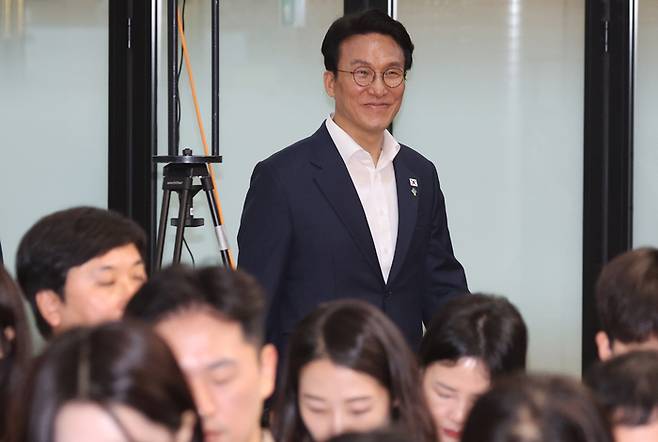 김민석 국무총리가 22일 오전 서울 종로구 정부서울청사 별관에서 열린 출입기자단 간담회에 참석하고 있다. 2026.6.22/뉴스1