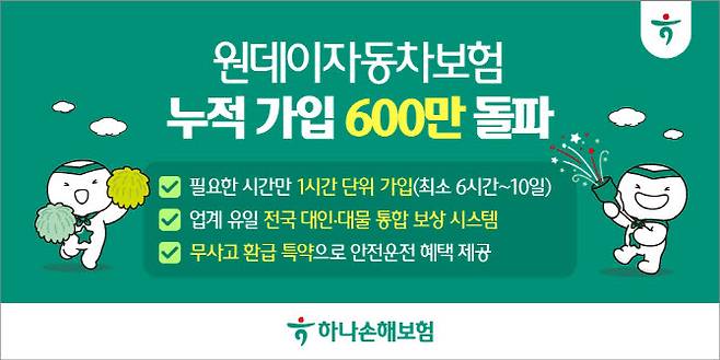 하나손해보험, 원데이 자동차보험 600만 가입돌파 대표 이미지