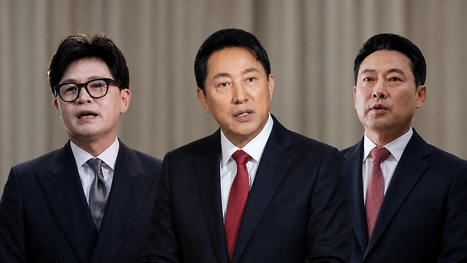 한동훈 무소속 의원(사진 왼쪽부터), 오세훈 서울시장, 장동혁 국민의힘 대표 ⓒ챗GPT 생성형 이미지