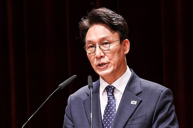 김민석 국무총리가 1일 오전 정부서울청사에서 열린 이임식에 참석해 이임사를 하고 있다. 김경록 기자