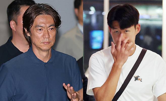 2026 북중미 월드컵 32강 진출 실패의 책임을 지고 사퇴 의사를 밝힌 홍명보 축구대표팀 감독(왼쪽)이 지난달 30일 새벽 인천국제공항 2터미널을 통해 입국해 이동하고 있다. 오른쪽은 축구국가대표팀 손흥민이 지난달 29일(현지시간) 미국 로스앤젤레스 국제공항에서 귀국하는 비행기에 오르고 있는 모습. 뉴스1