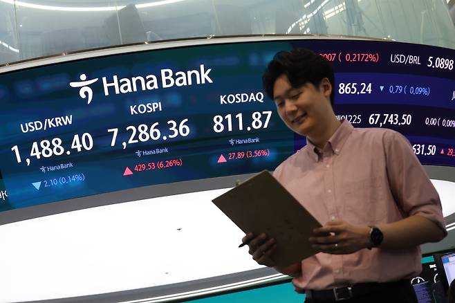 코스피가 7000선을 회복한 15일 서울 중구 하나은행 딜링룸 현황판에 코스피·코스닥 지수가 표시되고 있다.(사진제공= 연합뉴스)