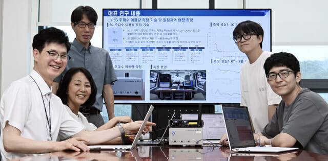 ETRI 연구팀. 왼쪽부터 박승근 전파연구본부장, 권혜연 책임연구원, 천경열 책임연구원, 윤종훈 선임연구원, 김윤배 책임연구원.(사진=ETRI)