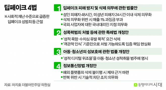 AI(인공지능)를 활용한 딥페이크 등 인격권 침해를 근절하기 위한 딥페이크 4법. / 그래픽=신재민 편집위원