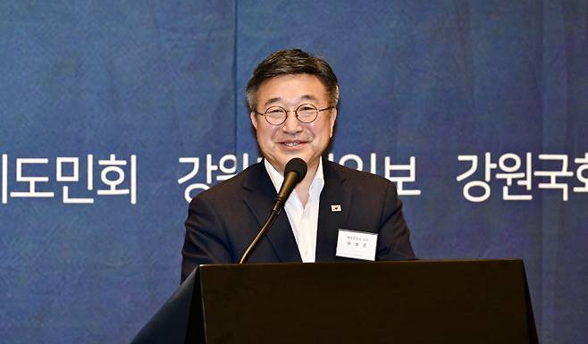 ▲ 윤호중 행정안전부 장관이 14일 서울 한국프레스센터에서 열린 ‘민선 9기 출범 강원특별자치도민 교례의 밤’에서 축사를 하고 있다. 방도겸 기자