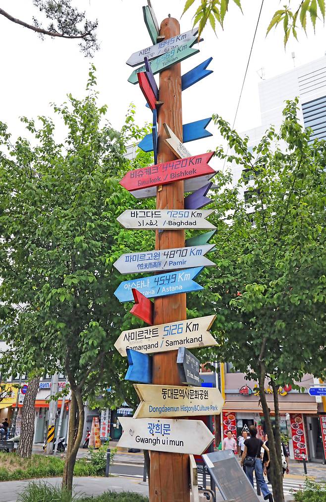 A pole covered with dozens of arrow-shaped signs pointing to the home countries of many of Central Asia Street's businesses and residents PARK SANG-MOON
