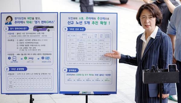 추미애 경기도지사가 20일 성남시 판교역 동편 정류장에서 기자회견을 열고 ‘경기 편하G버스’를 설명하고 있다. 2026.7.20 /경기도 제공