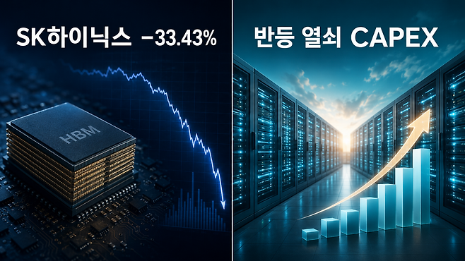 역대 최대 실적에도 이달 들어 33.43% 급락한 SK하이닉스와 반도체주 반등의 분수령으로 꼽히는 미국 빅테크의 설비투자(CAPEX) 전망을 표현한 이미지. ChatGPT 생성 이미지