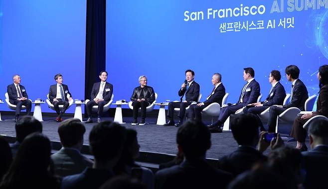 이재명 대통령이 24일 미국 샌프란시스코에서 열린 샌프란시스코 AI서밋에서 발언하고 있다. 샌프란시스코=왕태석 선임기자(청와대사진기자단)