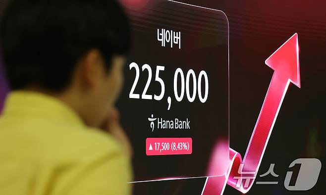 27일 서울 중구 하나은행 딜링룸 전광판에 네이버 주가가 표시되고 있다. 2026.7.27 ⓒ 뉴스1 임세영 기자