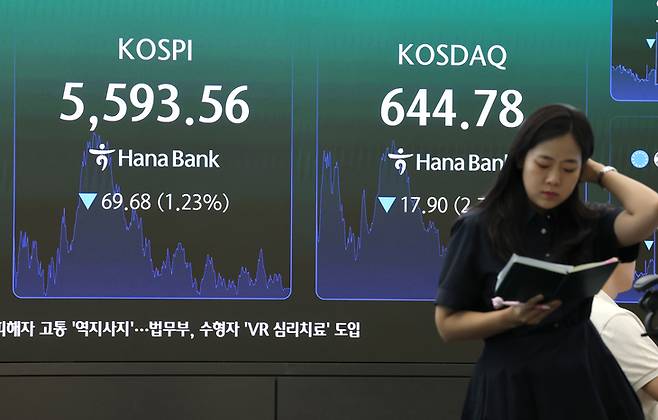 ▲30일 서울 중구 하나은행 딜링룸 전광판에 코스피, 코스닥 지수, 환율 종가가 표시돼 있다.