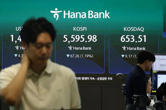 서울 하나은행 본점 딜링룸에 코스피 지수가 5595.98포인트를 가리키고 있다. 뉴시스