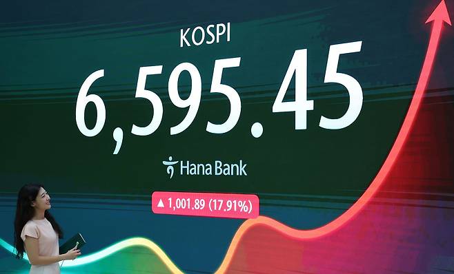 사흘 연속 급락했던 코스피가 폭등하며 역대 최대 상승세를 보인 31일 오후 서울 중구 하나은행 딜링룸 전광판에 종가가 나타나고 있다. 뉴스1