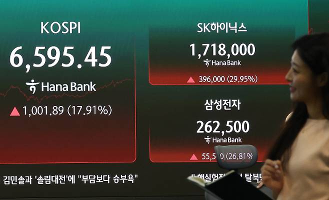 지난달 31일 서울 하나은행 본점 딜링룸에 표시된 주가 지수. 연합뉴스