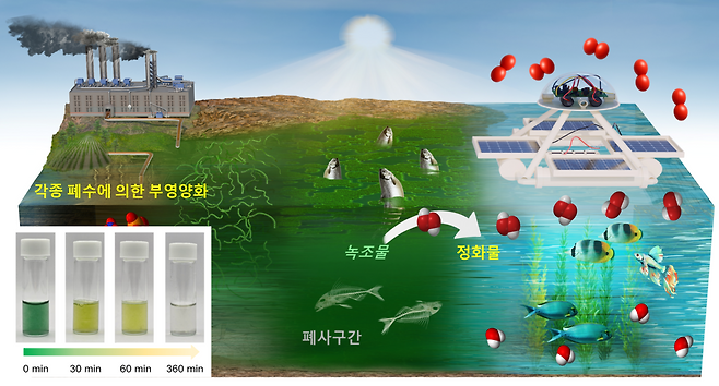 태양광 자율 운항 수질 정화로봇 구동 모식도 및 녹조 제거 효과. 이미지 제공=KIST