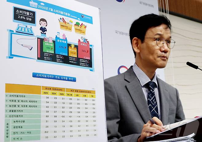 이두원 국가데이터처 경제동향통계심의관이 4일 세종시 정부세종청사에서 2026년 7월 소비자물가동향을 발표하고 있다. 7월 소비자물가지수는 119.77로 전월대비 0.2% 하락하였고 전년동월대비 2.8% 상승 하였다고 밝혔다. 2026.8.4 ⓒ 뉴스1 김기남 기자